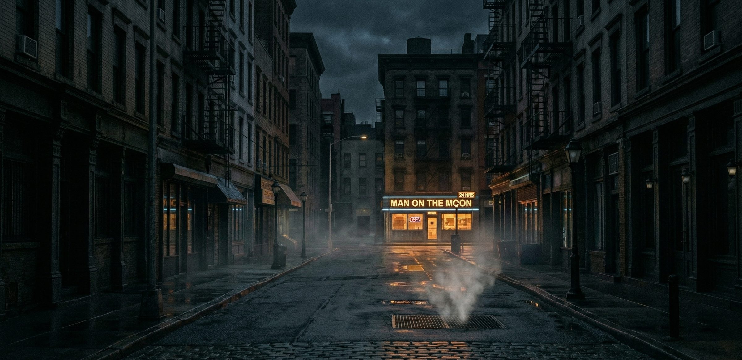 An empty New York street at night, steam rising from a grate, a 24-hour diner glowing at the far end