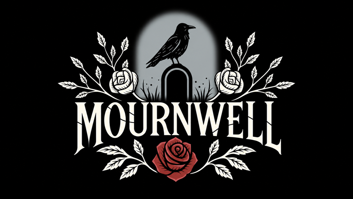 The Mournwell crest — a raven on a headstone, framed by roses